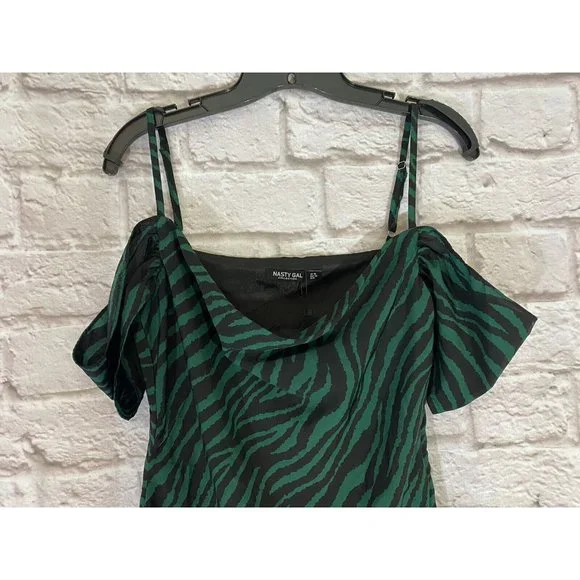 NEW Nasty Gal We'll See you Cowl Zebra Mini Dress 6 Green Black Polyester 9274 - Picture 4 of 9